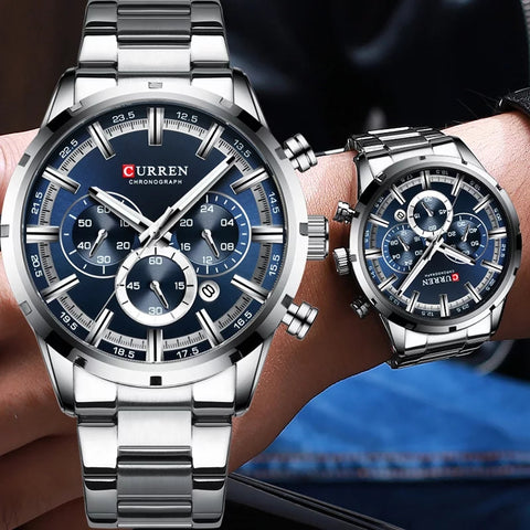 CURREN-montre-bracelet Sport pour hommes, étanche chronographe, qualité militaire, marque de luxe, bleu, acier inoxydable, 8355